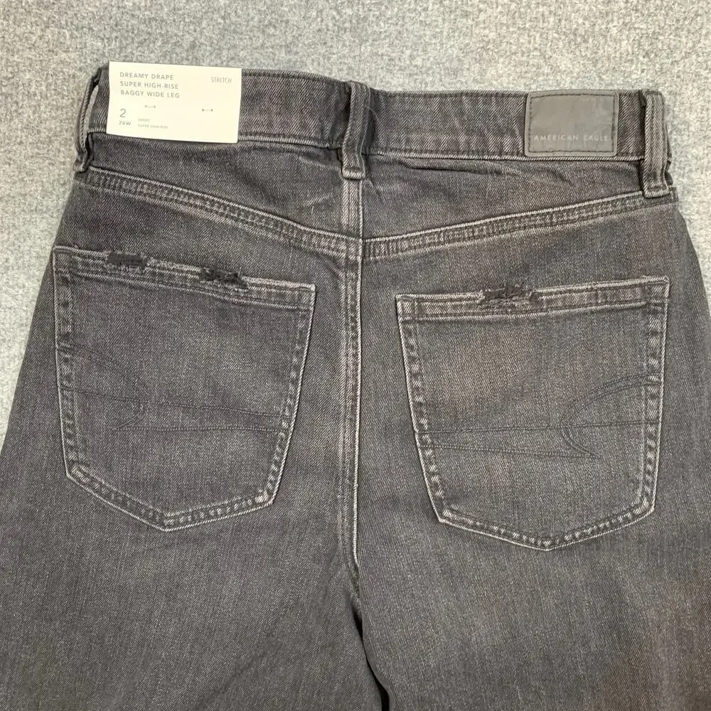 American Eagle Jeans Women 2 Short Black Slash Dreamy Drape High Rise Baggy Wide
